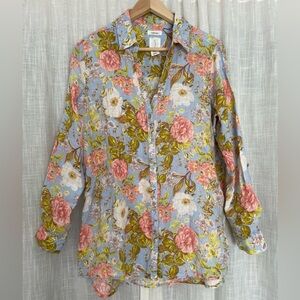 Joie Pastel Floral 100% Linen Button down collared shirt size medium.